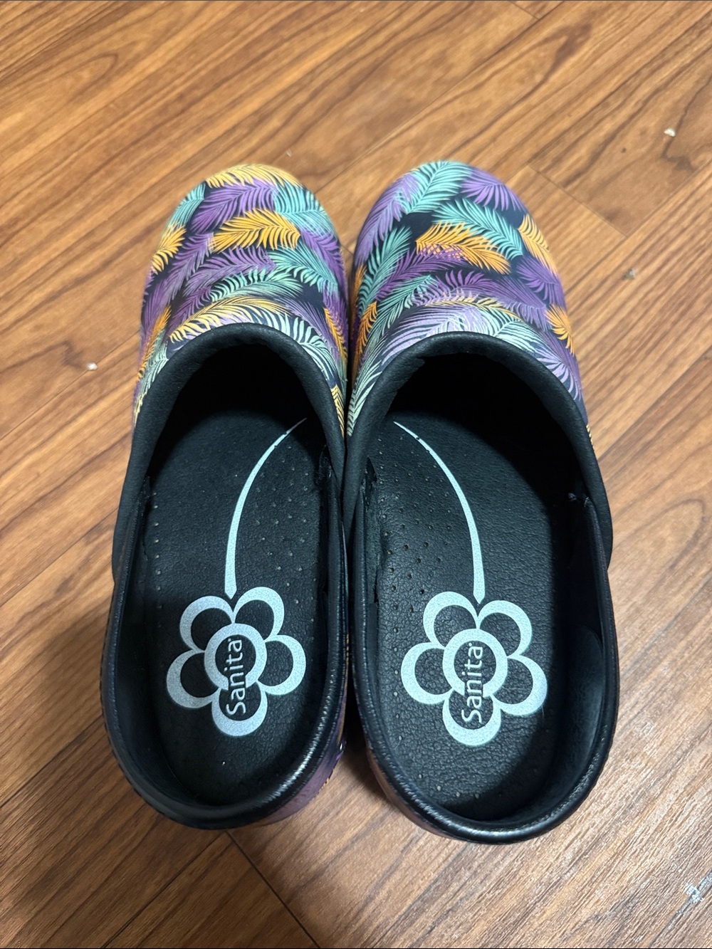 Sanita Kids Feather-Print Clogs in Purple, Teal, Yellow and Black